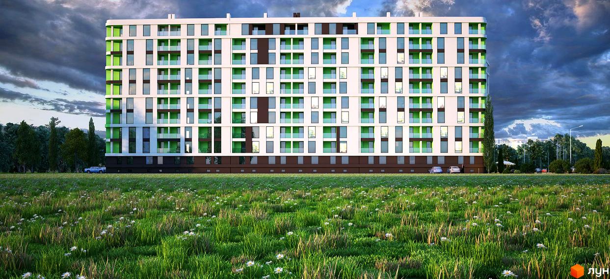 Житловий комплекс Rubicon City – біла багатоповерхівка із зеленими елементами та балконами. Навколо зелений луг з квітами та дерева.