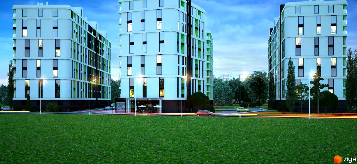 Житловий комплекс Rubicon City. Три багатоповерхові будинки з білими та зеленими фасадами, великими вікнами та балконами. Перед будинками зелена галявина, дерева та дорога з автомобілями.