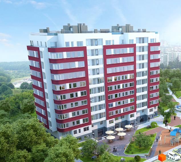 Зображення житлового будинку по вул. Демнянська, 26, 30. Багатоповерхівка з червоними вставками, поруч зелена територія з дитячим майданчиком.