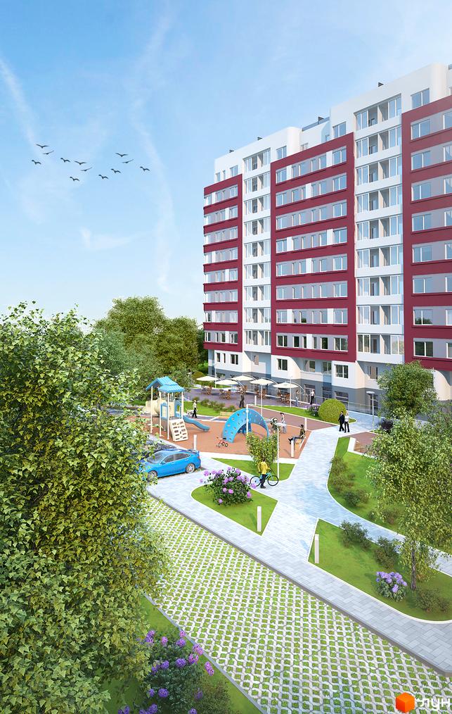 Зображення фасаду житлового будинку на вулиці Демнянській, 26, 30. На території є дитячий майданчик, зелені насадження, місця для відпочинку.