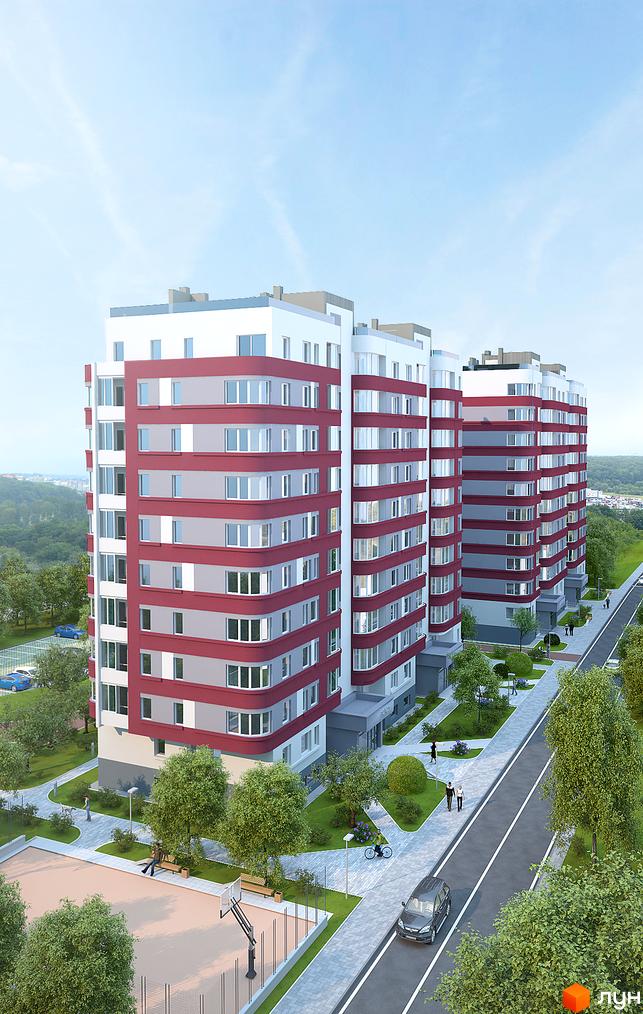 Зображення багатоповерхового будинку за адресою вул. Демнянська, 26, 30. Навколо будинку розташована прибудинкова територія з деревами та тротуарами.