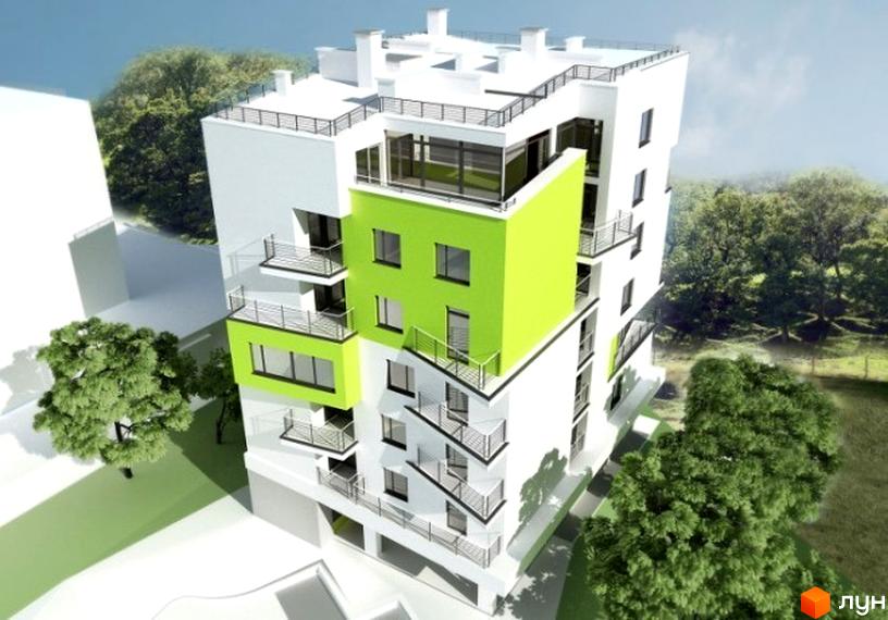 Зображення будинку за адресою вул. Радість, 10а. Багатоповерхова будівля з балконами та зеленими вставками, навколо дерева та зелені насадження.