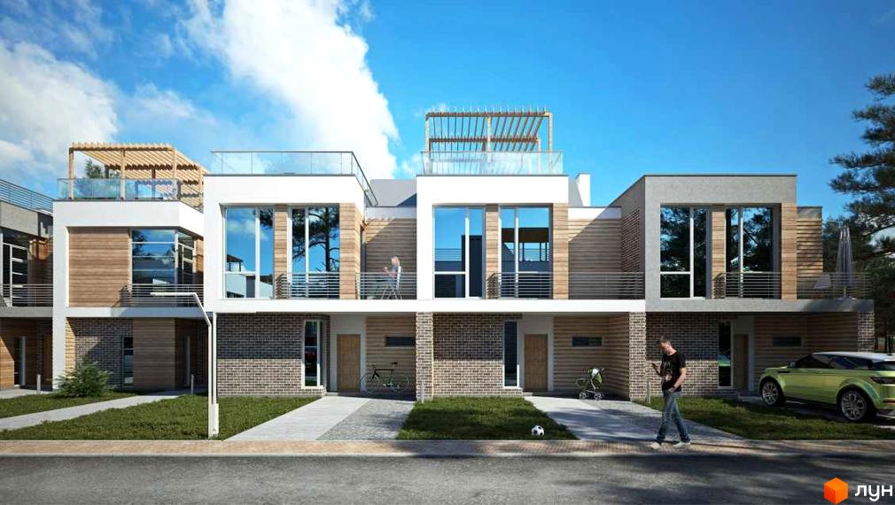 Зовнішній вигляд сучасних таунхаусів Forest Park Club Resort з дерев'яними та цегляними фасадами. Прибудинкова територія з доглянутим газоном, доріжками та автомобілем.