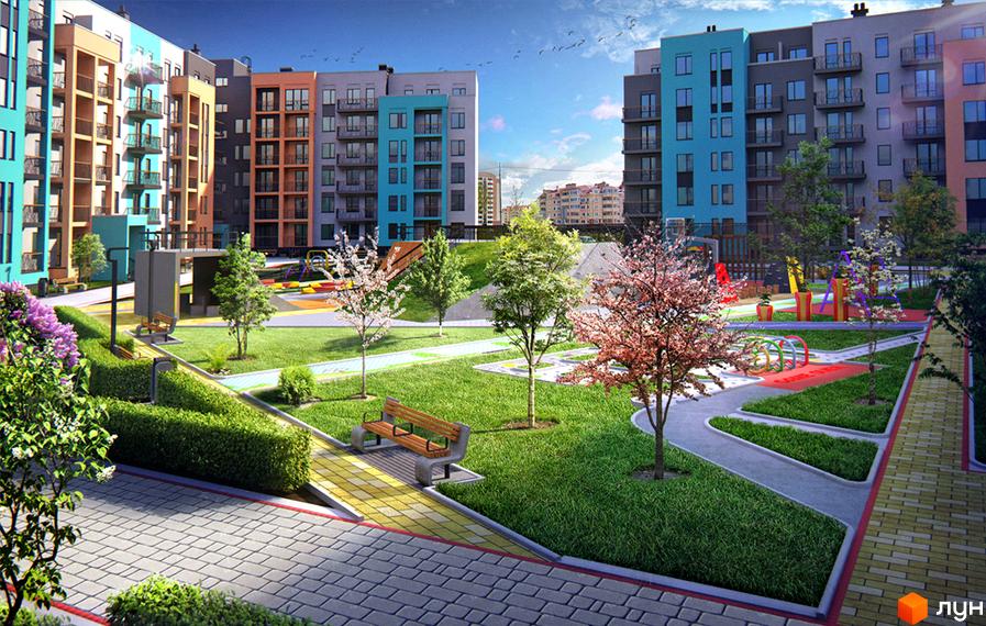 Европейка житловий комплекс: багатоповерхові будинки з різнокольоровими фасадами та балконами. Прибудинкова територія з зеленими газонами, деревами, лавками та дитячим майданчиком.