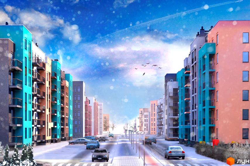 Новобудова Європейка з яскравими фасадами та балконами на тлі зимового міста. Навколо будівель розташовані дороги з автомобілями та дерева.