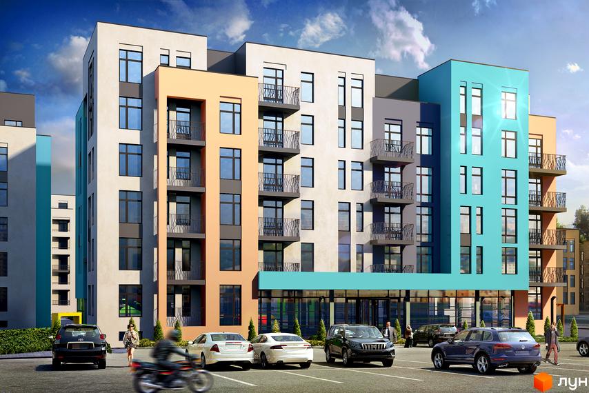 Європейка - житловий комплекс з яскравим фасадом та балконами. Перед будинком розташована парковка з автомобілями та зелені насадження.