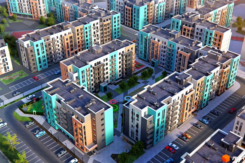 Зовнішній вигляд новобудови Європейка з різнокольоровими фасадами та балконами. На прибудинковій території розташовані паркувальні місця та зелені зони.