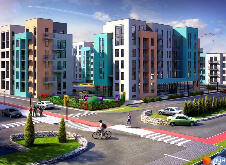 Сучасний житловий комплекс Європейка з різнокольоровими фасадами та упорядкованою прибудинковою територією, дитячим майданчиком та зонами відпочинку.