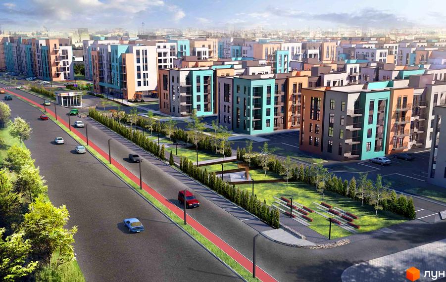 Новобудова Європейка з яскравими фасадами та балконами. Прибудинкова територія з зеленими зонами, доріжками та місцями для відпочинку.