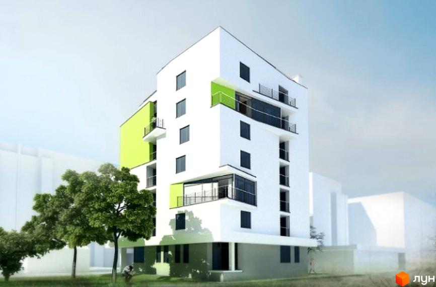 Зображення будинку за адресою вул. Радість, 10а. Багатоповерхова будівля з зеленими вставками та балконами, поруч дерева і зелена територія.