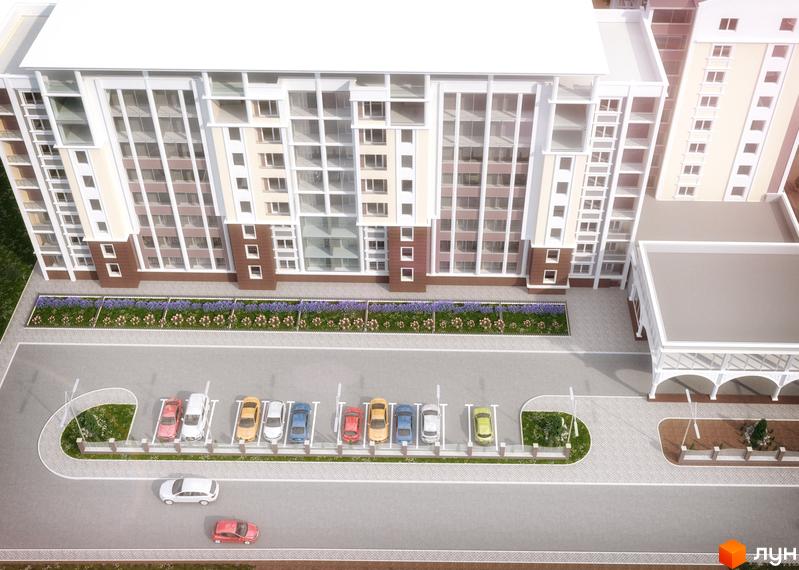 Житловий комплекс Водограй: фасади будівель з панорамними вікнами та балконами, паркінг з автомобілями та зелена зона з квітами.