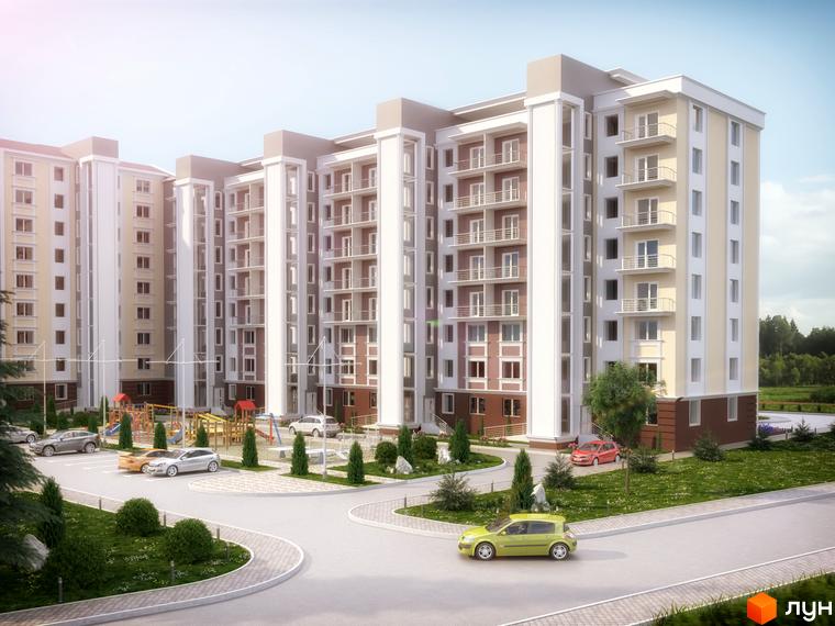 Житловий комплекс Водограй - багатоповерхові будинки з балконами та дитячим майданчиком. На території комплексу розташовані зелені насадження та парковка для автомобілів.