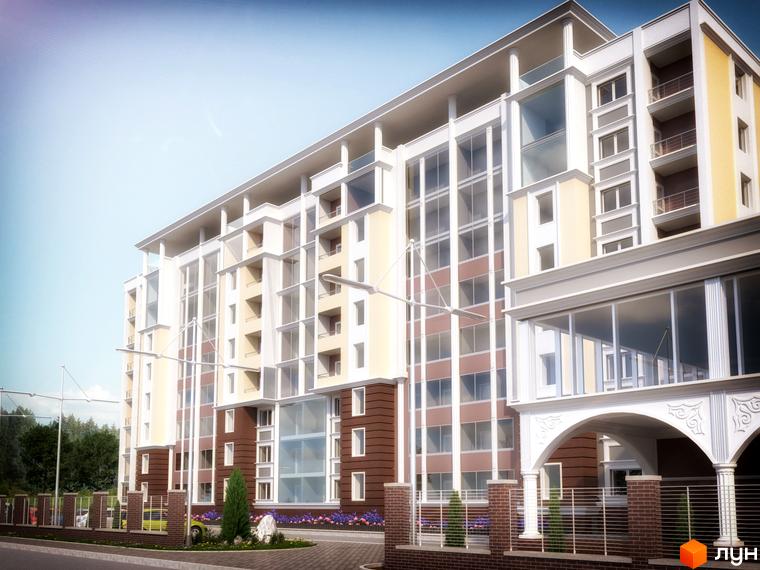 Зовнішній вигляд новобудови ЖК Водограй з великою кількістю скляних поверхонь та балконів. Прибудинкова територія з огорожею та зеленими насадженнями.