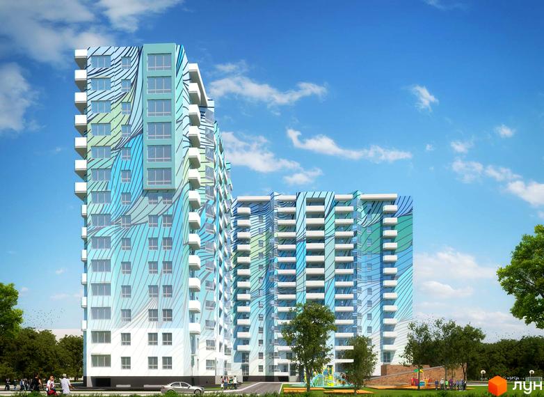 Новобудова ЖК Новий дім Ньютона з яскравим фасадом у блакитних та зелених тонах. Навколо будинку зелена зона з деревами та дитячим майданчиком.