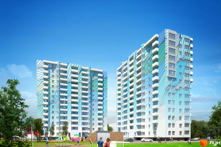 Новобудова ЖК Новий дім Ньютона з яскравим фасадом та балконами. На прибудинковій території розташовані дитячі майданчики та зони для відпочинку.