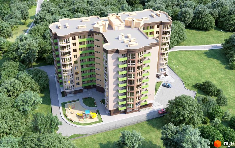 Зовнішній вигляд новобудови ЖК Зірковий з зеленими балконами та великими вікнами. На прибудинковій території розташований дитячий майданчик та зелені насадження.