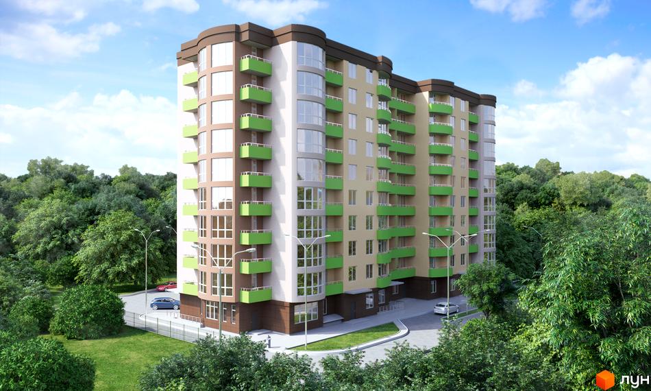 Житловий комплекс Зірковий – це багатоповерхова новобудова з зеленими балконами та великими вікнами, розташована серед дерев. На території є парковка та зелена зона.