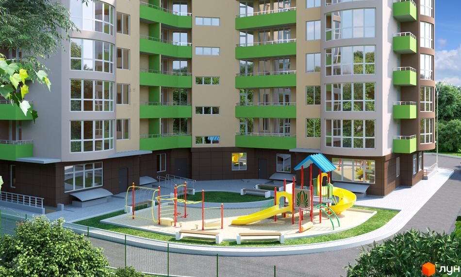 Житловий комплекс Зірковий. Сучасна новобудова з яскравим фасадом та балконами зеленого кольору. Поруч дитячий майданчик з гіркою та пісочницею.