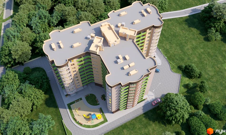 Житловий комплекс Зірковий: багатоповерхові корпуси з зеленими фасадами, балконами та сірим дахом. Навколо - зелена зона, дитячий майданчик та доріжки.