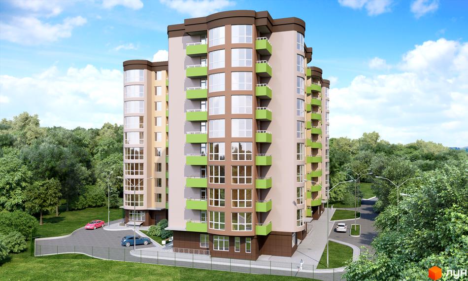 Зовнішній вигляд житлового комплексу Зірковий з зеленими балконами та великими вікнами. Прибудинкова територія з дорогою та деревами.