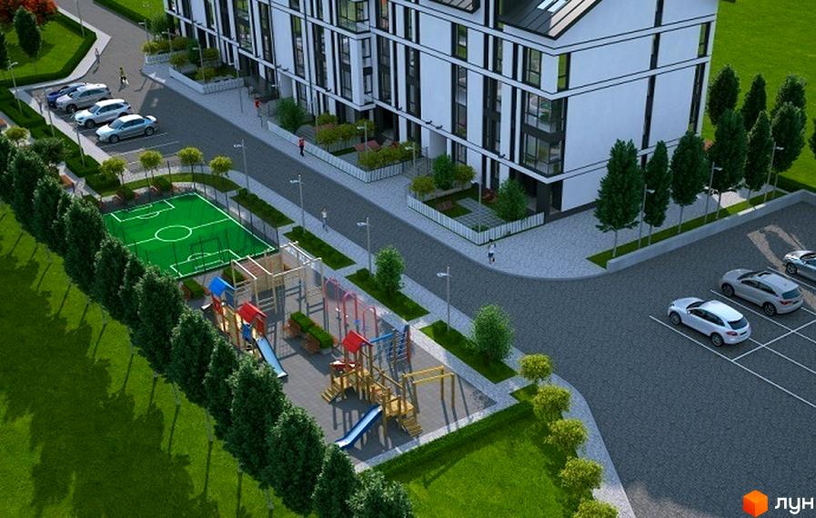 Житловий комплекс Юпітер: біла будівля з чорними вікнами, дитячий майданчик, футбольне поле та парковка.