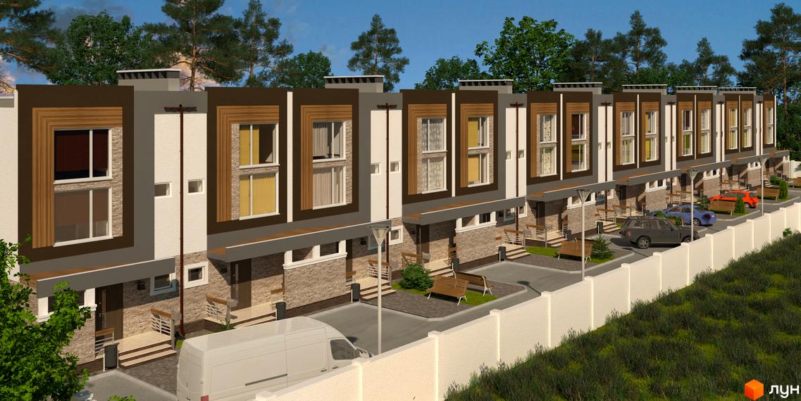 Зовнішній вигляд таунхаусів Dream House з коричневими та сірими фасадами, великими вікнами та бруківкою перед будинками. На території є лавки та дерева.