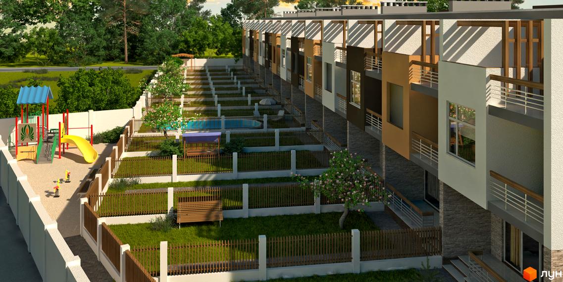 Таунхаус Dream House з індивідуальними двориками та дитячим майданчиком. Комплекс має басейн та зелену зону для відпочинку.