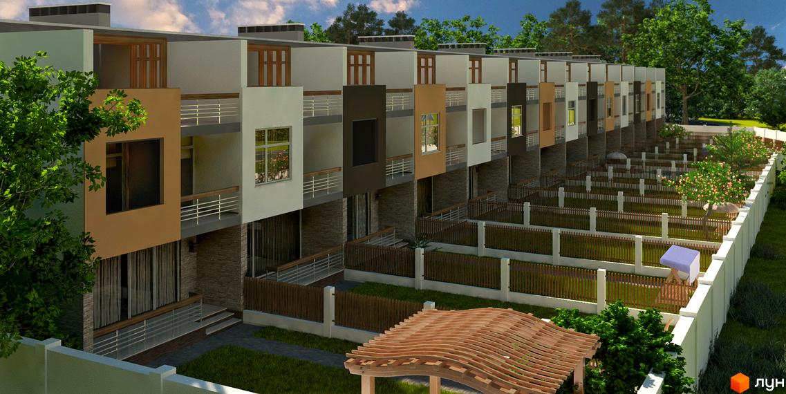 Таунхауси Dream House з індивідуальними балконами та парковками. Прибудинкова територія з зеленими зонами та парканом.