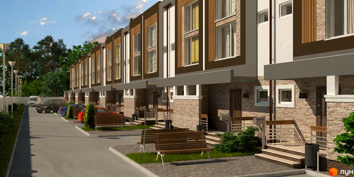 Зовнішній вигляд таунхаусів Dream House з кам'яним фасадом та дерев'яними елементами. Прибудинкова територія з парковкою та зонами відпочинку.