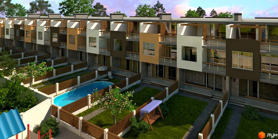 Комплекс Dream House: сучасні таунхауси з індивідуальними подвір'ями, басейном та зоною відпочинку. Зелена територія з деревами та гойдалкою.