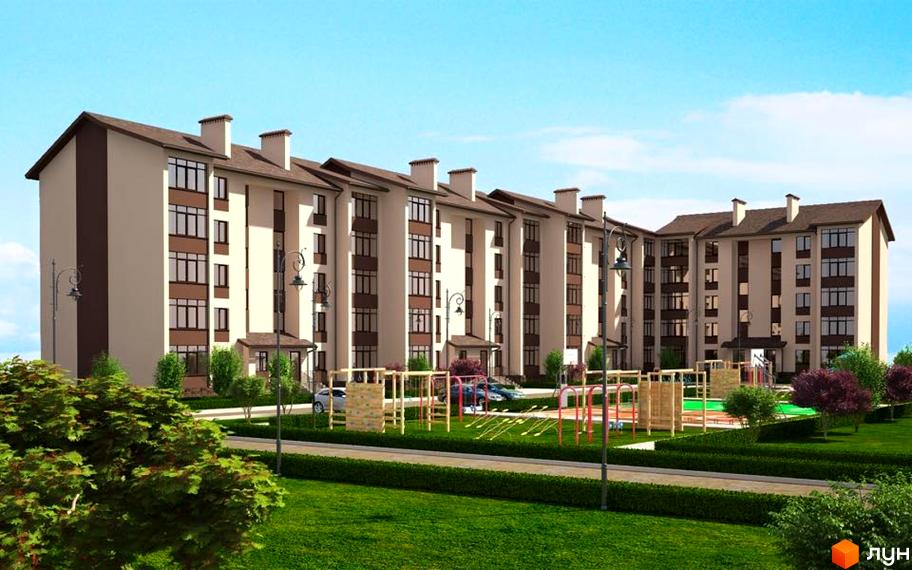 Зовнішній вигляд житлового комплексу Парковий квартал з фасадами світло-бежевого кольору та коричневими віконними рамами. Прибудинкова територія облаштована дитячим майданчиком та зеленими насадженнями.