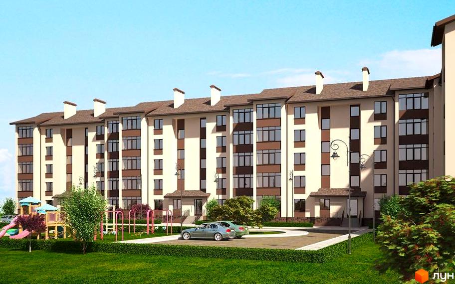 Новобудова ЖК Парковий квартал з дитячим майданчиком та парковкою. Зовнішній вигляд будинку з коричневими вікнами та світлими стінами.