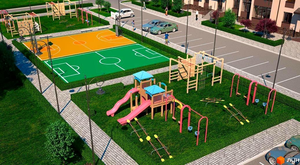 Житловий комплекс Парковий квартал: дитячий майданчик з гірками та гойдалками, спортивні зони, баскетбольне та футбольне поле. Сучасна архітектура будинків та доглянута прибудинкова територія.