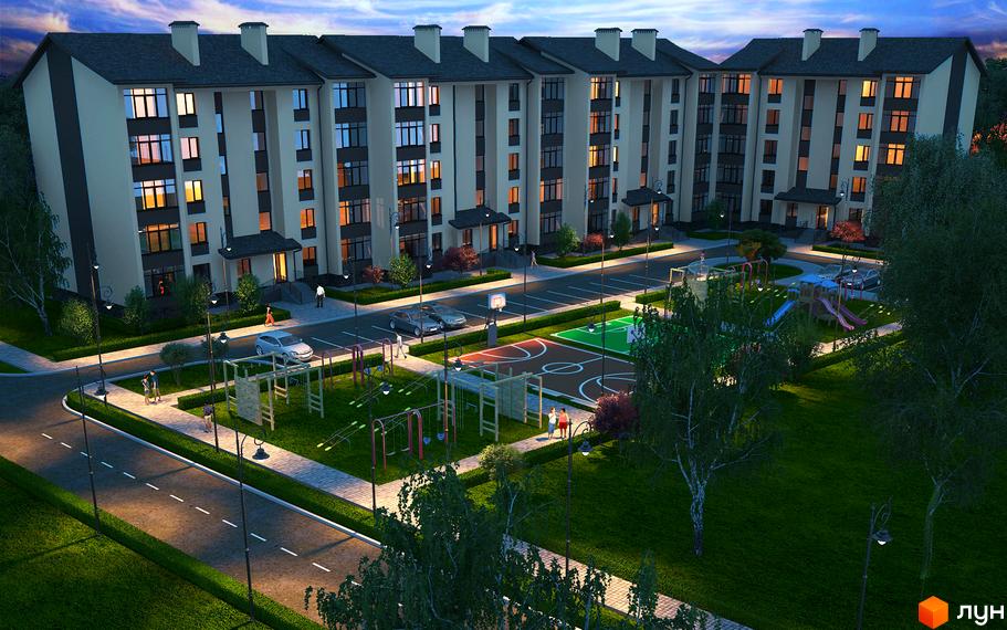 Житловий комплекс Парковий квартал. Зовнішній вигляд багатоквартирних будинків з вікнами та балконами, прибудинкова територія з дитячими майданчиками, спортивними зонами та парковкою.