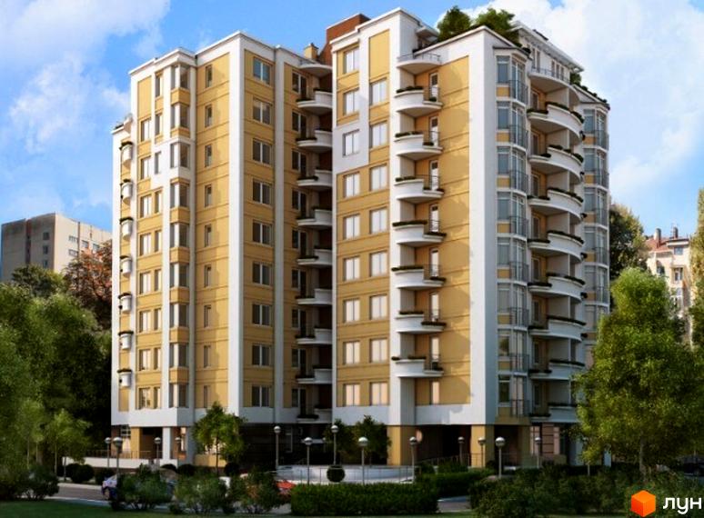 Зображення багатоквартирного будинку на вулиці Рильського, 14. Вигляд фасаду будівлі та прилеглої території з зеленими насадженнями.