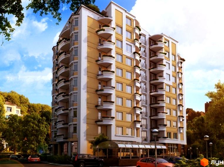 Зображення фасаду житлового будинку по вул. Рильського, 14. Багатоповерхівка з балконами та прибудинковою територією.