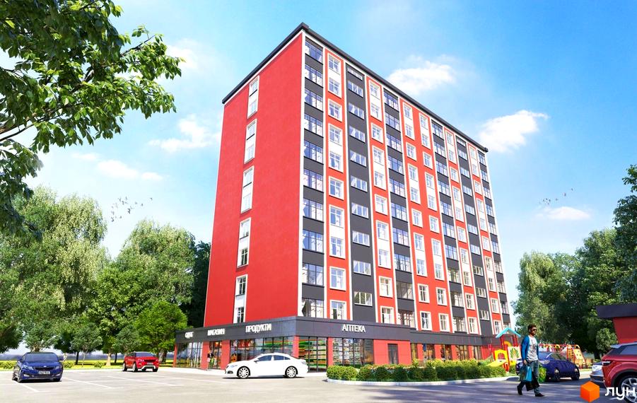 Житловий комплекс Avila comfort – цегляний будинок з червоно-сірими фасадами та білими вікнами. Поруч розташований паркінг та зелена зона з деревами.