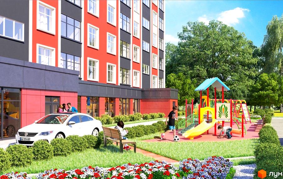 Житловий комплекс Avila comfort: фасади будівлі в червоно-сірих тонах, дитячий майданчик та зелена зона відпочинку.