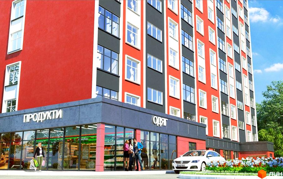 Житловий комплекс Avila comfort – це сучасна новобудова з яскравим фасадом та магазинами на першому поверсі. Навколо будинку розташовані клумби з квітами та зелені насадження.