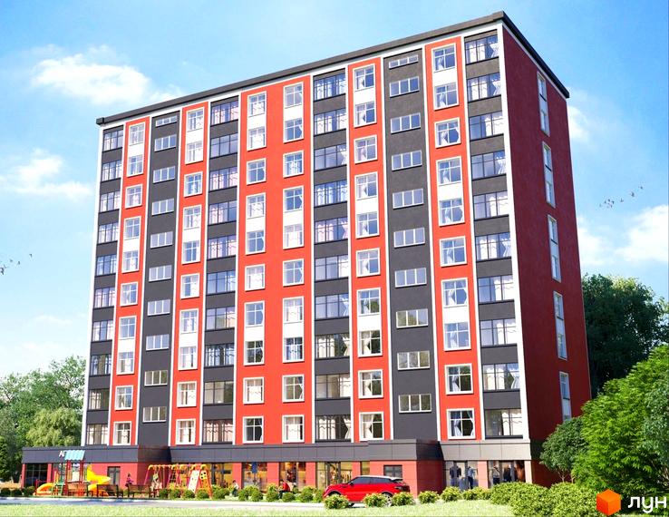 Житловий комплекс Avila comfort – багатоповерховий будинок з червоними та сірими фасадами, великими вікнами. На прибудинковій території дитячий майданчик та зелені насадження.