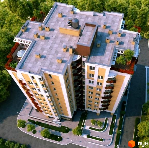 Зображення багатоповерхового будинку на вул. Рильського, 14. Вигляд зверху на дах та прибудинкову територію Житлового комплексу.