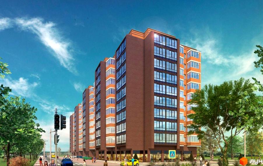 Новобудова ЖК Петрівський Квартал з цегляним фасадом та панорамними вікнами. Поруч зелена зона та міська вулиця з пішоходами і автомобілями.