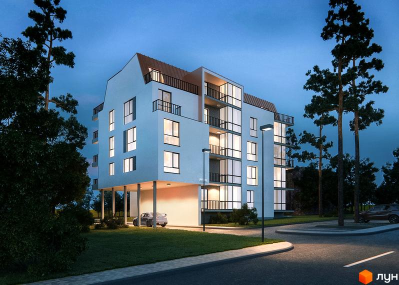 Екстер'єр новобудови на вул. Івана Франка у вечірній час. Будинок має білий фасад, великі вікна та балкони. Територія навколо будинку озеленена, з дорогою та парковкою.