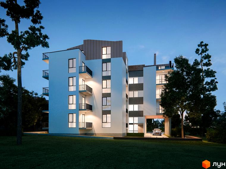 Зовнішній вигляд новобудови на вулиці Івана Франка з балконами та вікнами. На прибудинковій території видно зелений газон та дерева.