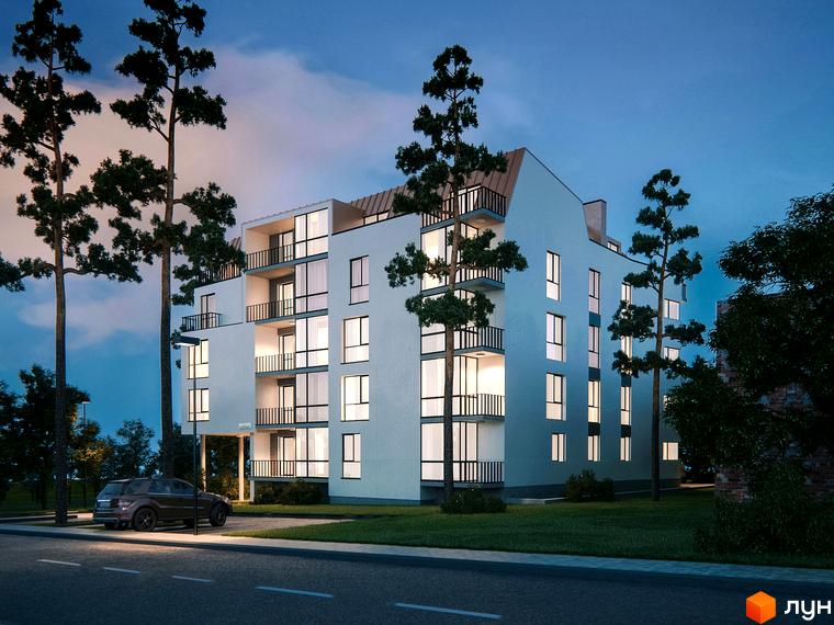 Зовнішній вигляд житлового комплексу на вулиці Івана Франка з численними балконами та великими вікнами. На прибудинковій території видно дерева та припаркований автомобіль.