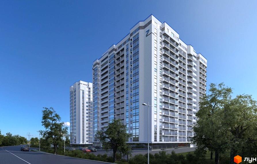 Житловий комплекс Зеніт - сучасна новобудова з великою кількістю балконів та скляних елементів. Територія навколо комплексу озеленена деревами та має дорогу з автомобілями.