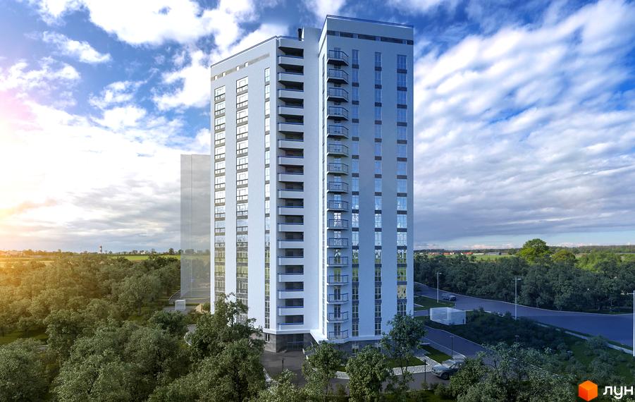 Зовнішній вигляд новобудови ЖК Зеніт з численними балконами та великими вікнами. Навколо будинку зелені насадження та дорога з автомобілями.