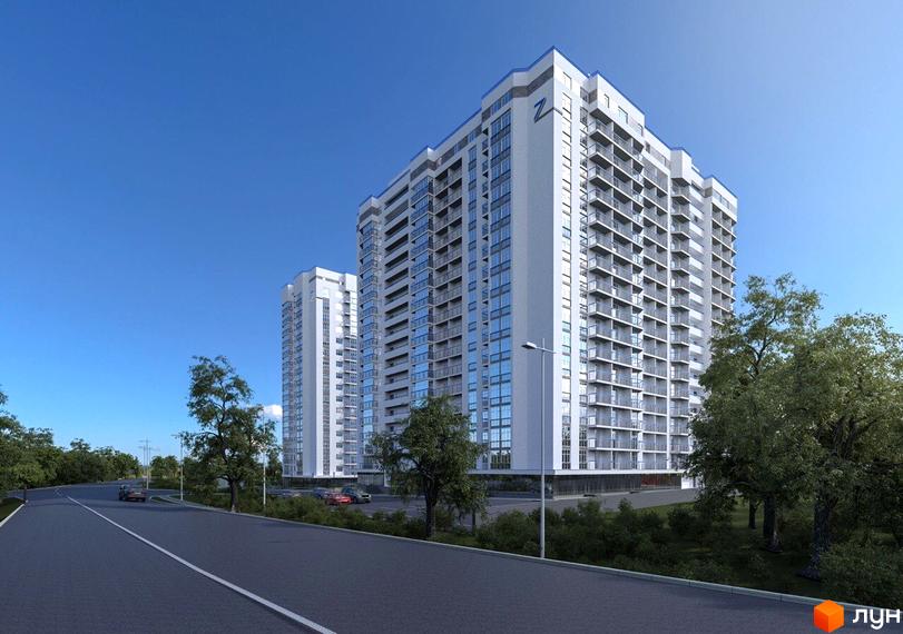 Житловий комплекс Зеніт – це сучасні багатоповерхові будинки з балконами та панорамними вікнами. Навколо комплексу зелена зона з деревами та дорогою.