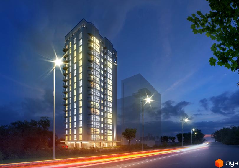 Житловий комплекс Зеніт у вечірній час. Багатоповерховий будинок з підсвіченими вікнами та балконами, освітлений ліхтарями. Поруч дорога з автомобільними світловими слідами.