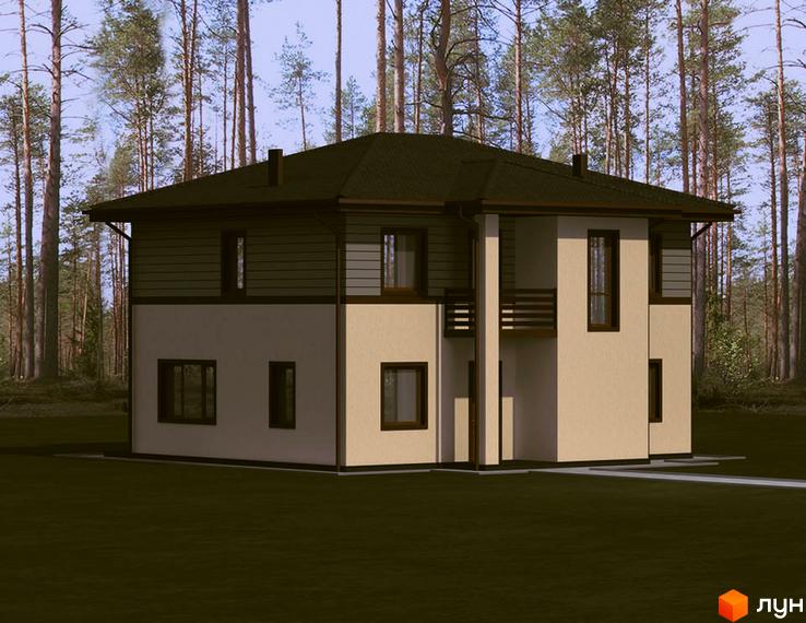 Котеджне містечко Forest Family Avenue. Двоповерховий будинок з темним дахом, світлими стінами та темними вікнами, розташований серед високих дерев.